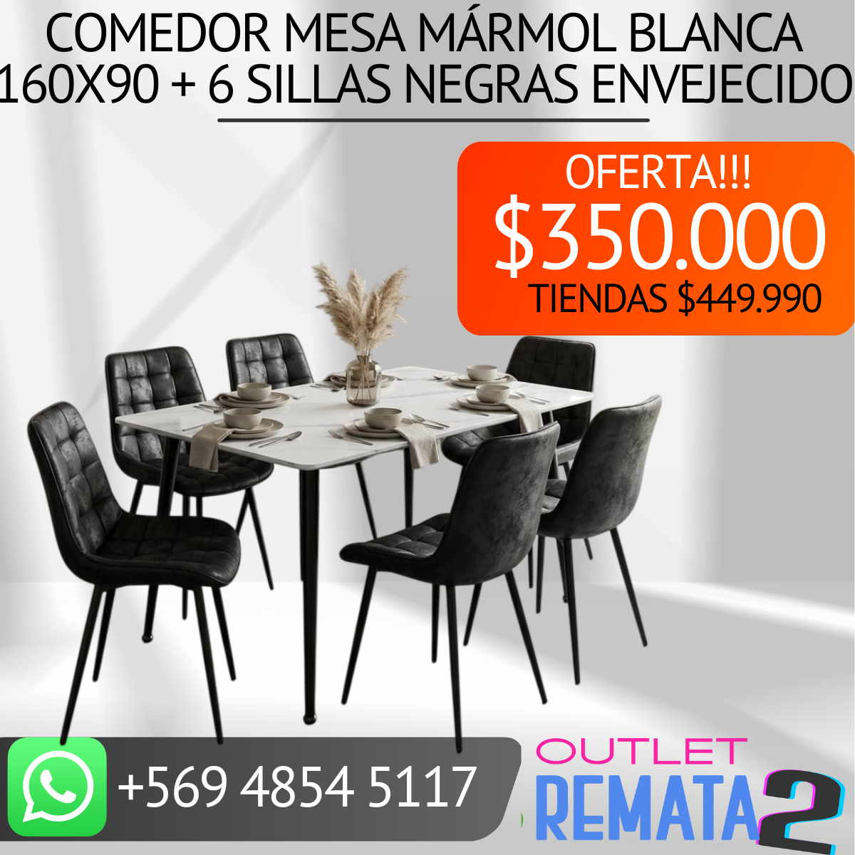 Comedor mesa mármol blanca 160x90 + 6 sillas negras envejecido