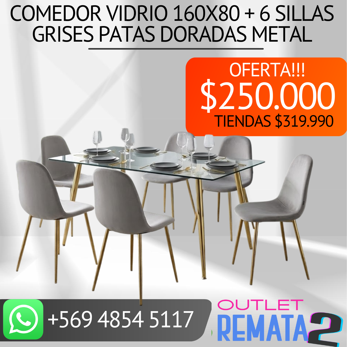 Comedor vidrio 160x80 + 6 sillas grises patas doradas metal