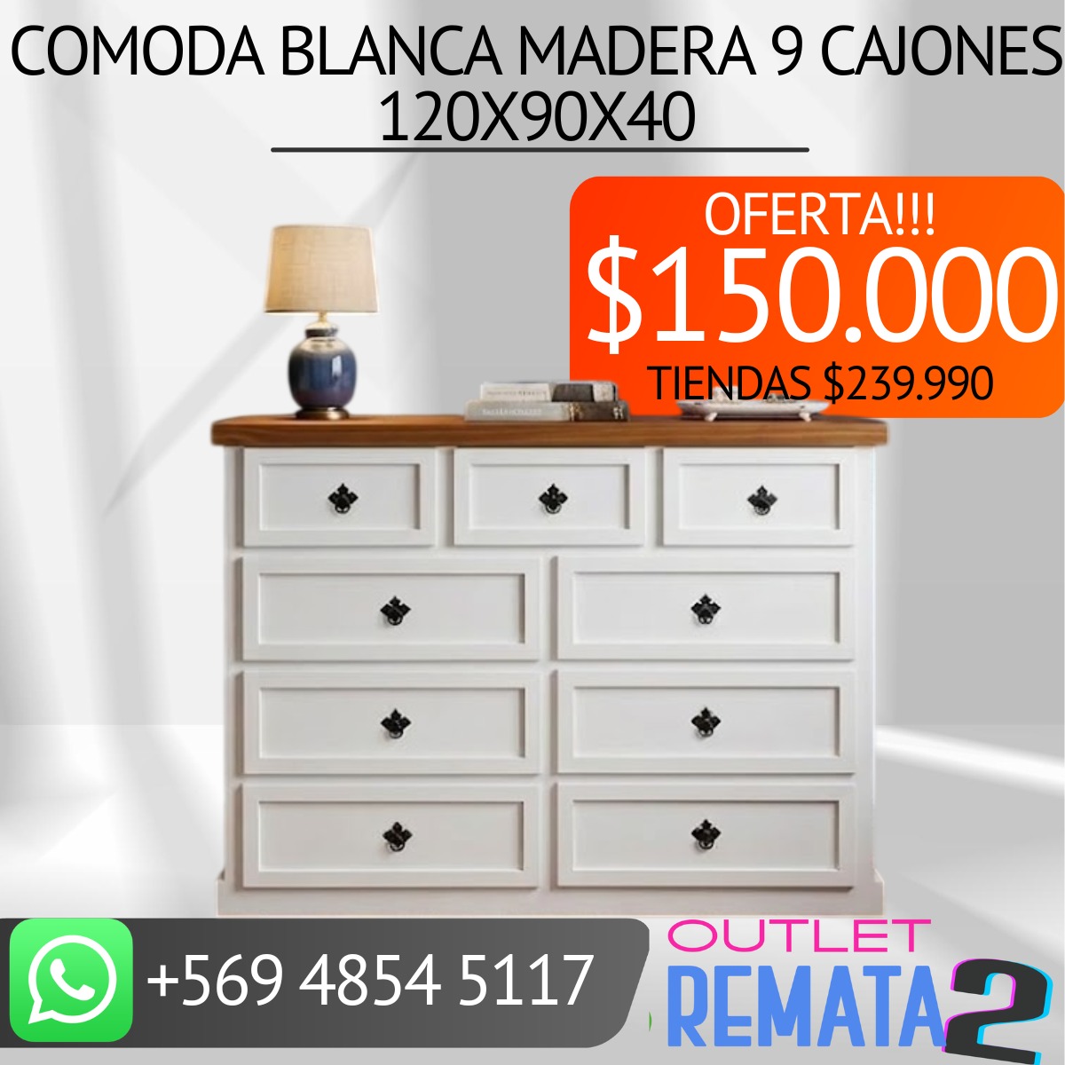 Cómoda blanca madera9 cajones 120x90x40