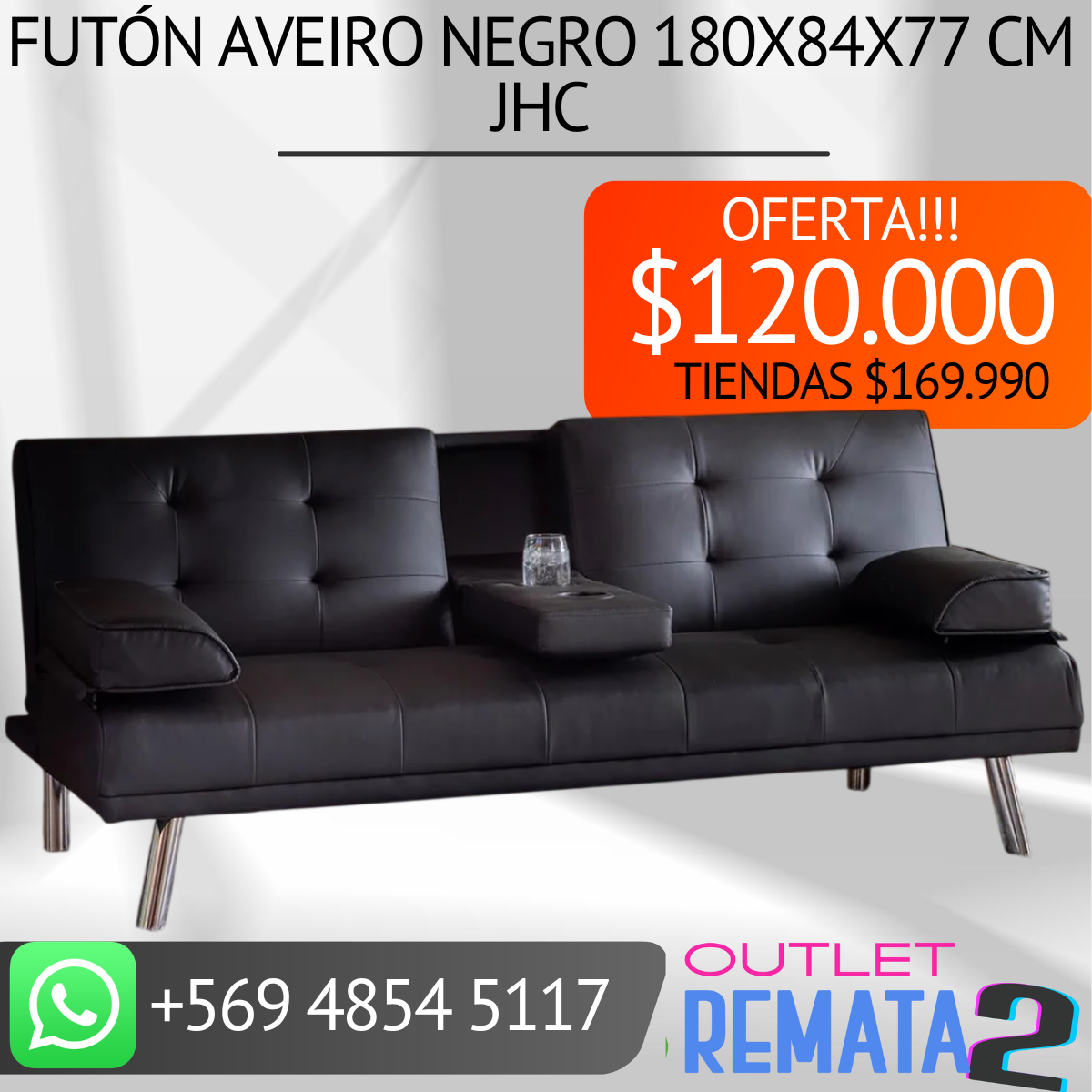 Futón Aveiro Negro 180x84x77 cm JHC