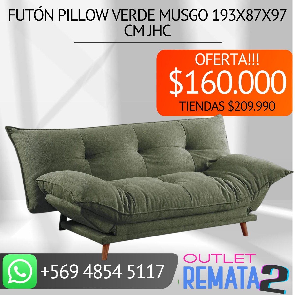 Futón Pillow verde musgo 193x87x97 cm JHC