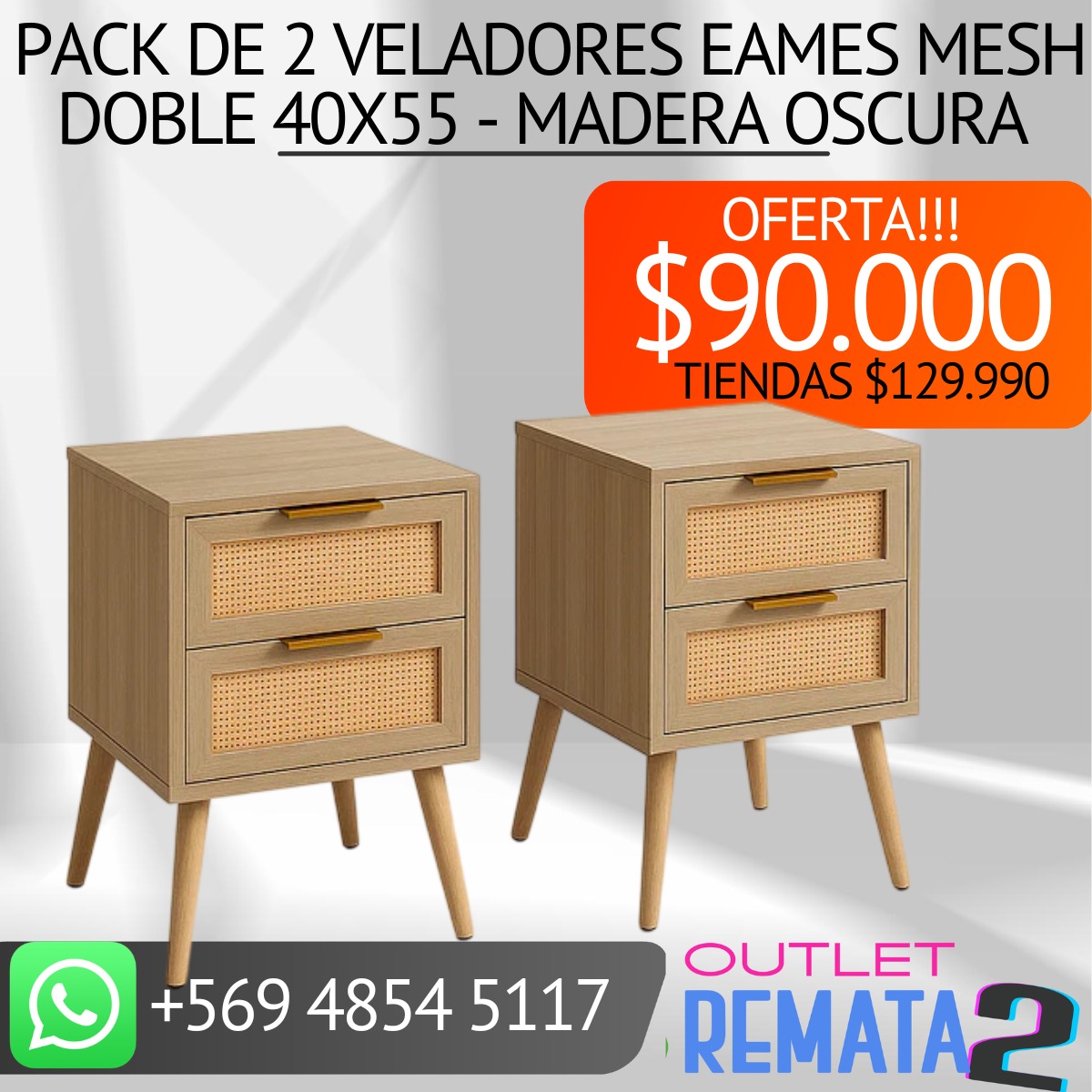 Pack 2 veladores eames 2 cajones 40x55 madera oscura