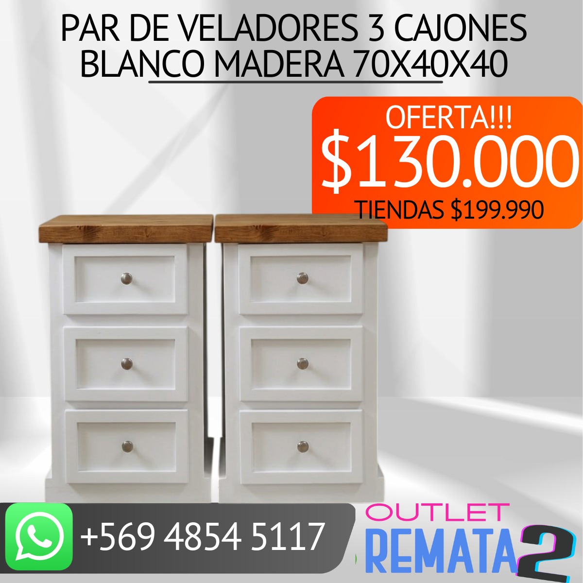 Par de veladores 3 cajones blnco madera 70x40x40