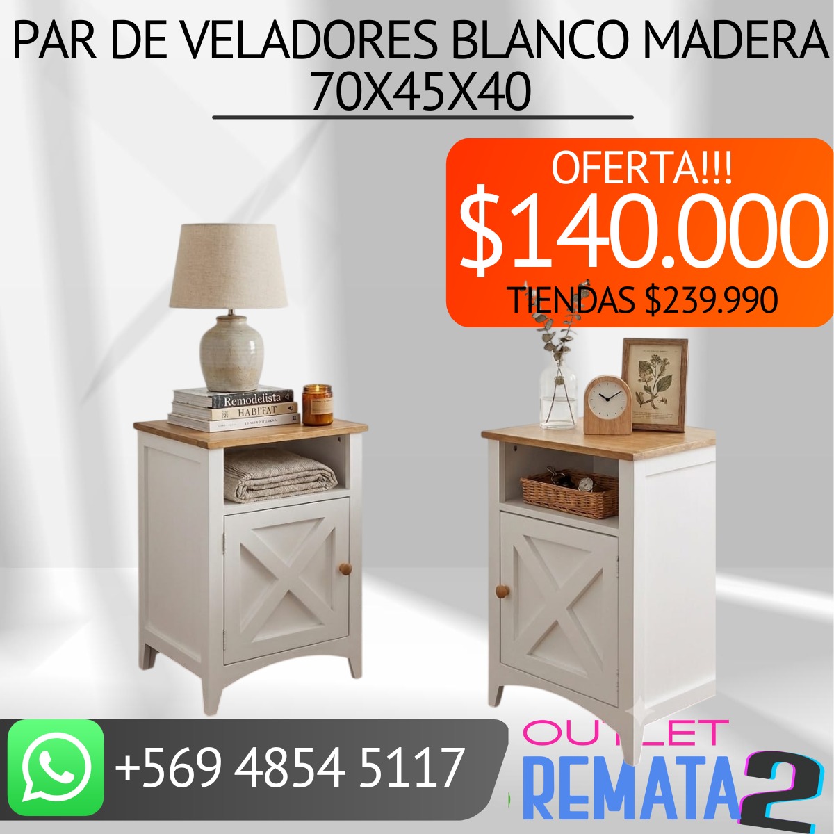 Par de veladores blanco madera 70x45x40