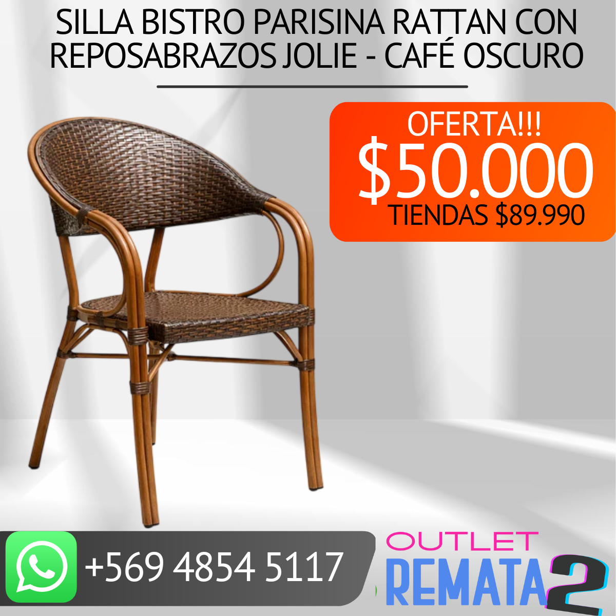 Silla Bistro Parisina Rattan con reposabrazos Jolie - Café Oscuro