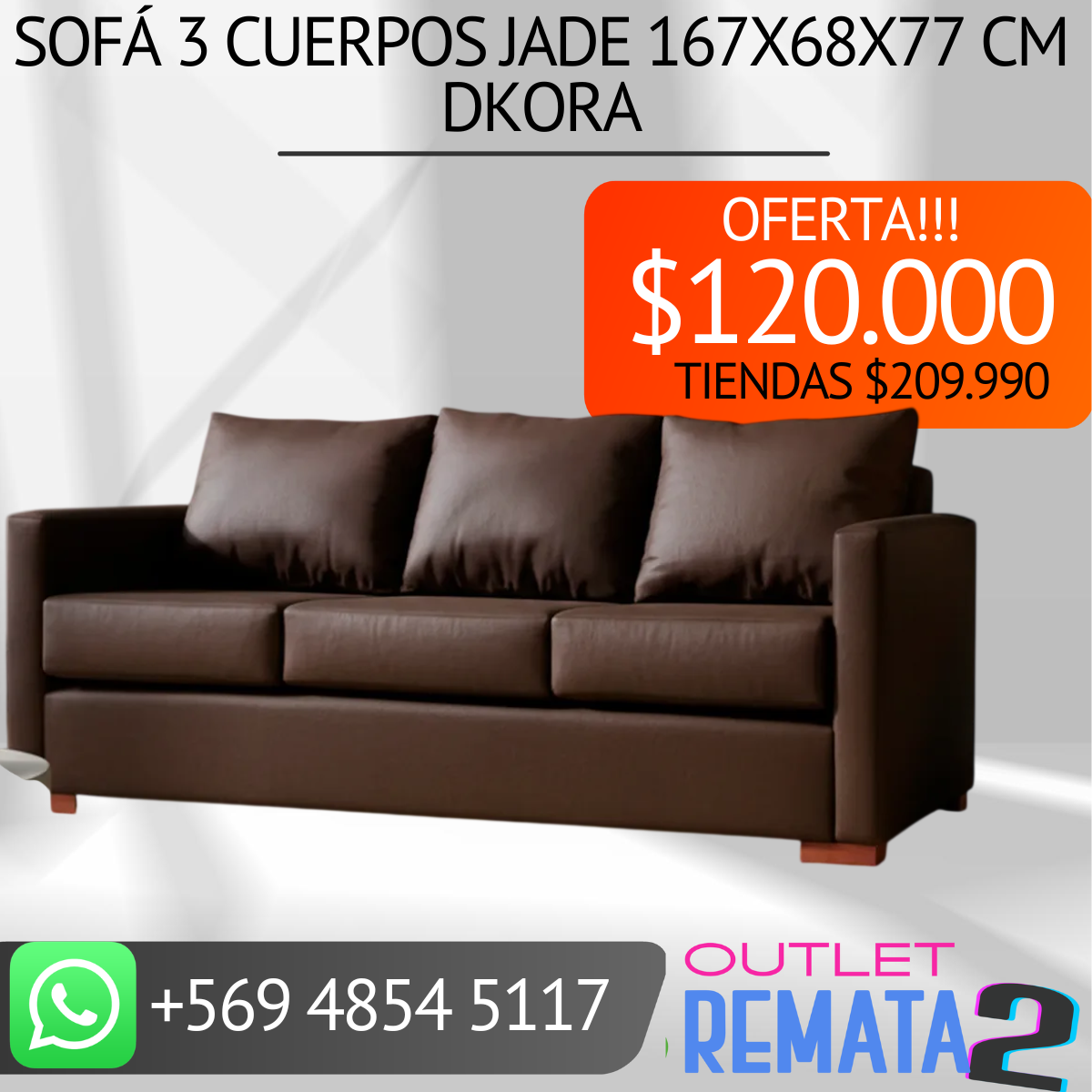 Sofá 3 cuerpos Jade 167x68x77 cm DKORA
