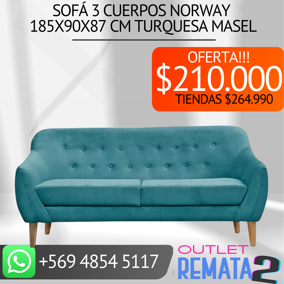 Sofá 3 cuerpos Norway 185x90x87 cm turquesa Masel