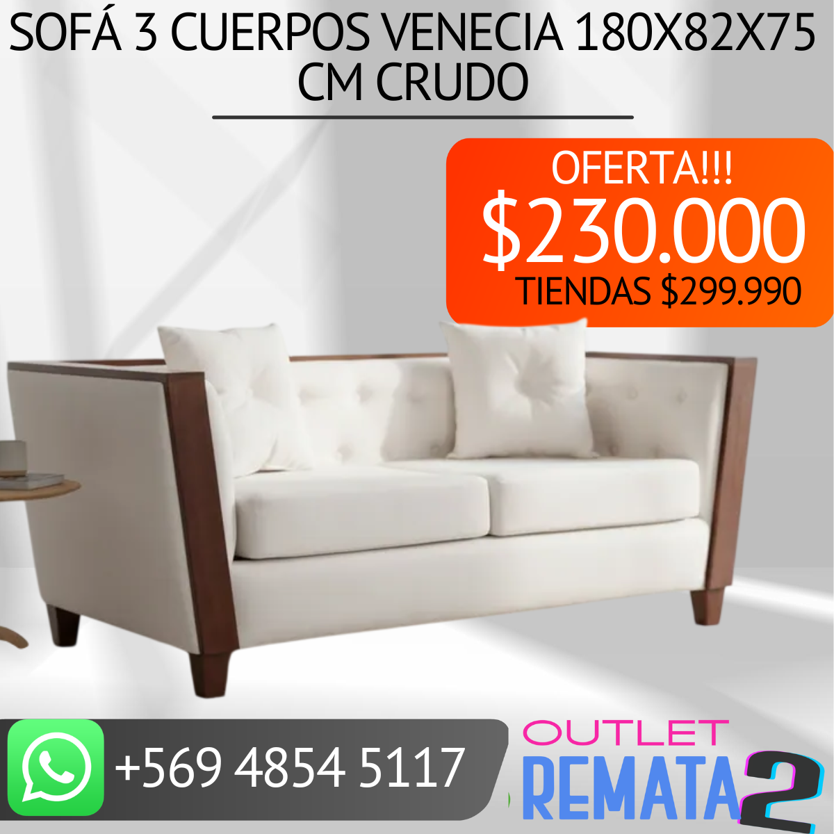 Sofá 3 cuerpos Venecia 180x82x75 cm Crudo