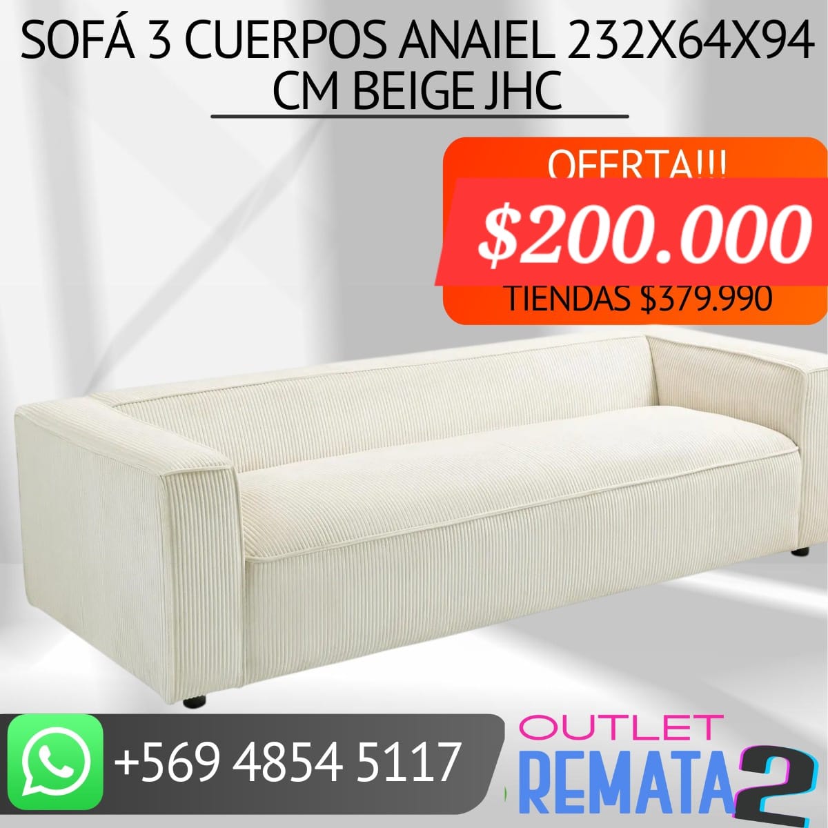 Sofá 3 cuerpos ananiel 232x64x94 cm beige JHC