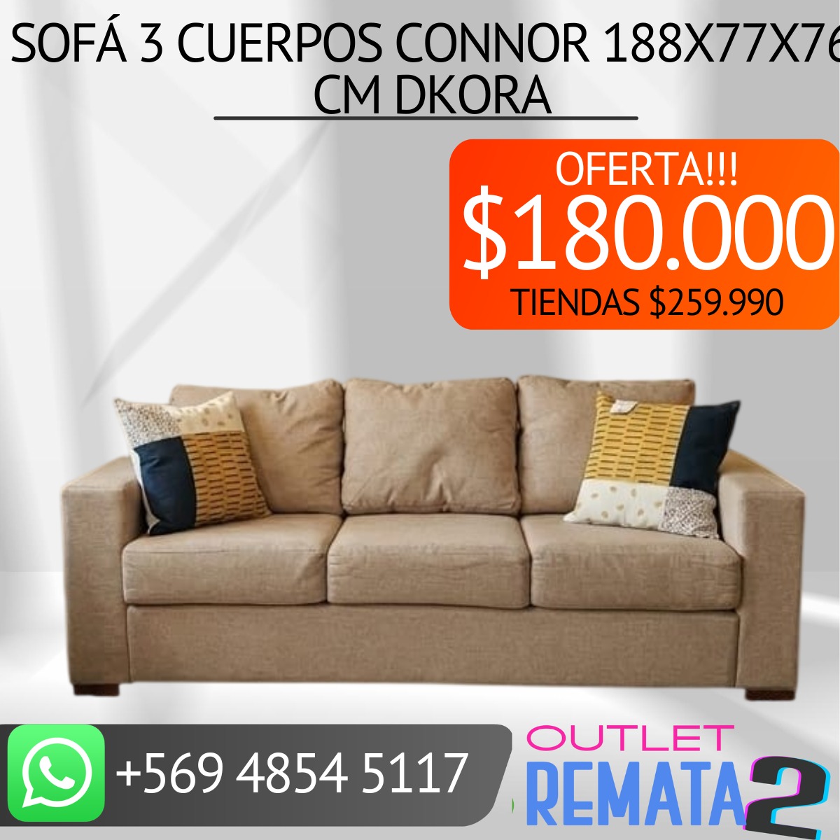 Sofá 3 cuerpos connor 188x77x76 cms Dkora