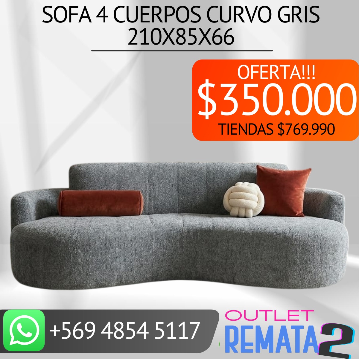 Sofá 4 cuerpos curvo gris 210x85x66