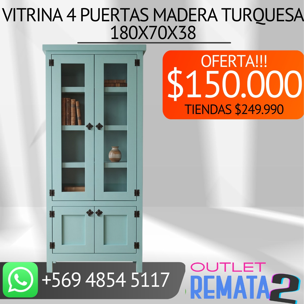 Vitrina 4 puertas madera turquesa 180x70x38
