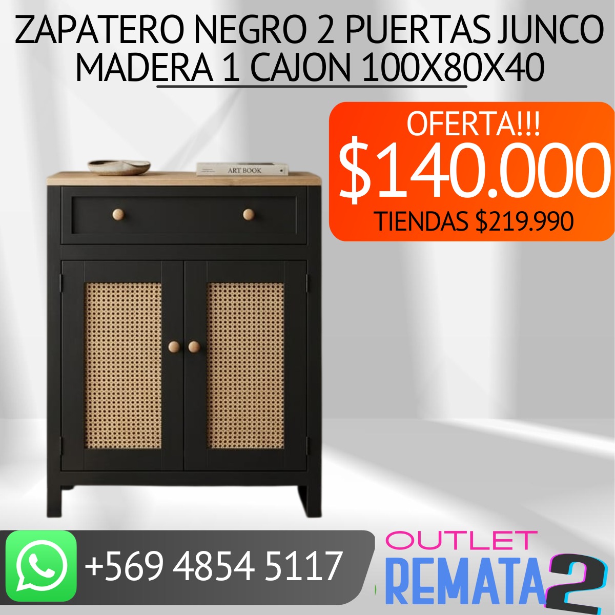Zapatero negro 2 puertas Junco madera 1 cajon 100x80x40