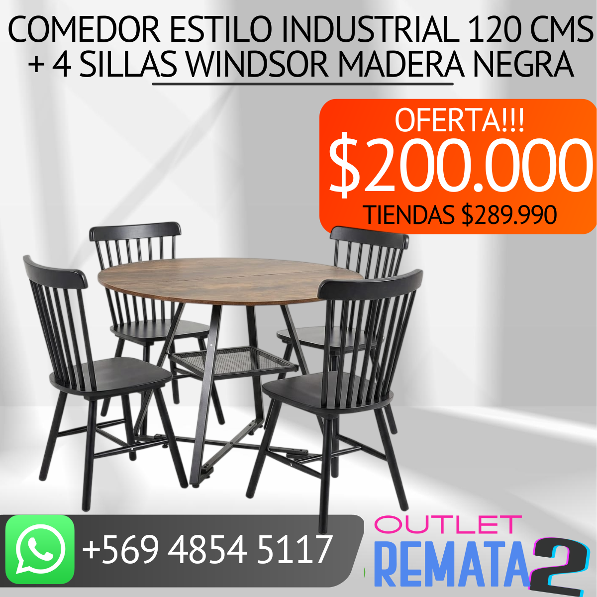 comedor estilo industrial 120 cms + 4 sillas windsor madera negra