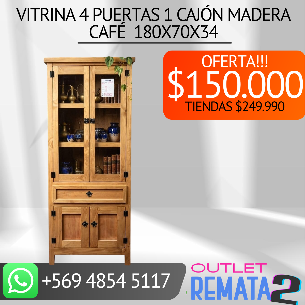 vitrina 4 puertas 1 cajón madera café 180x70x34