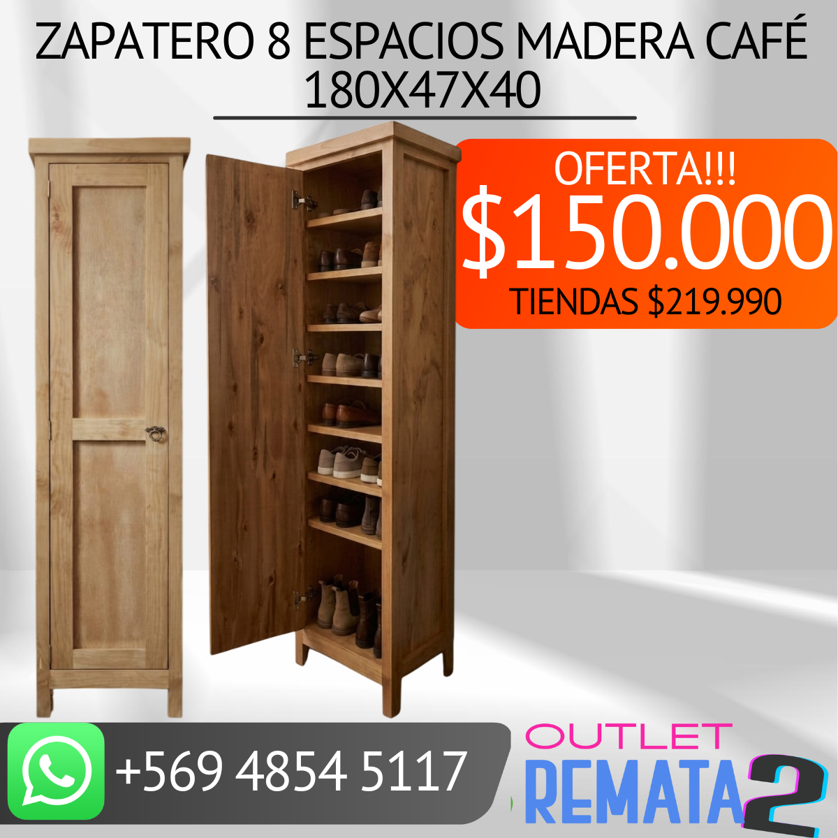 zapatero madera cafe 8 espacios 180x47x40