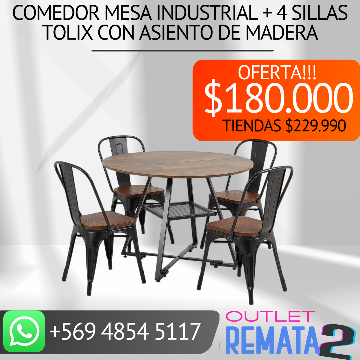 COMEDOR MESA INDUSTRIAL MAS 4 SILLAS TOLIX CON ASIENTO DE MADERA