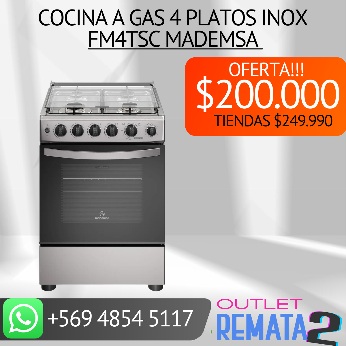 Cocina a Gas 4 Platos Inox FM4TSC mademsa
