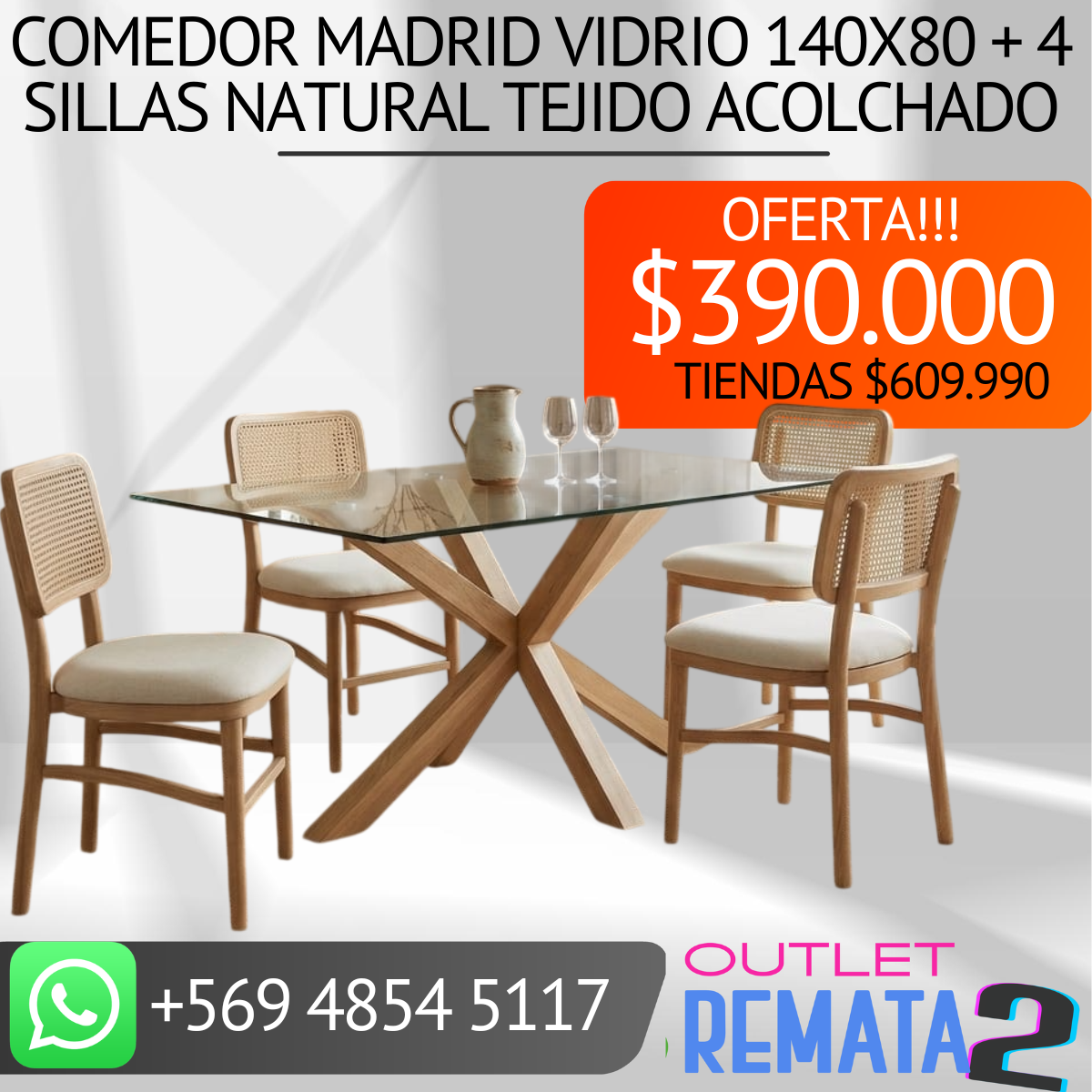 Comedor madrid vidrio 140x80 + 4 sillas natural tejido acolchado