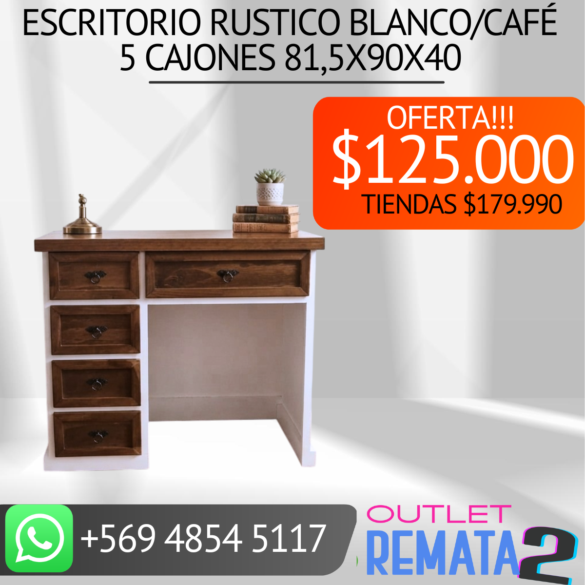 ESCRITORIO RUSTICO BLANCO CAFÉ 5 CAJONES 81.8X90X40