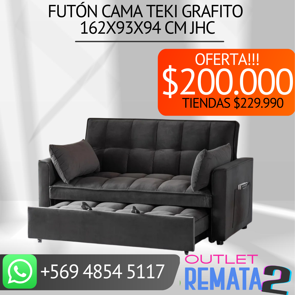 Futón Cama Teki Grafito 162x93x94 cm JHC