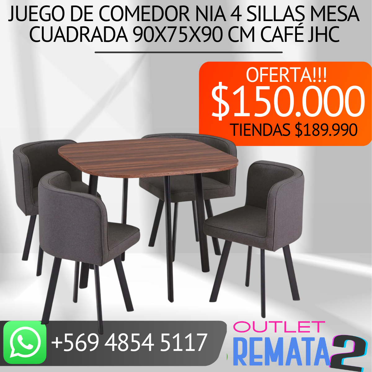 Juego de Comedor Nia 4 Sillas Mesa Cuadrada 90x75x90 cm Café JHC