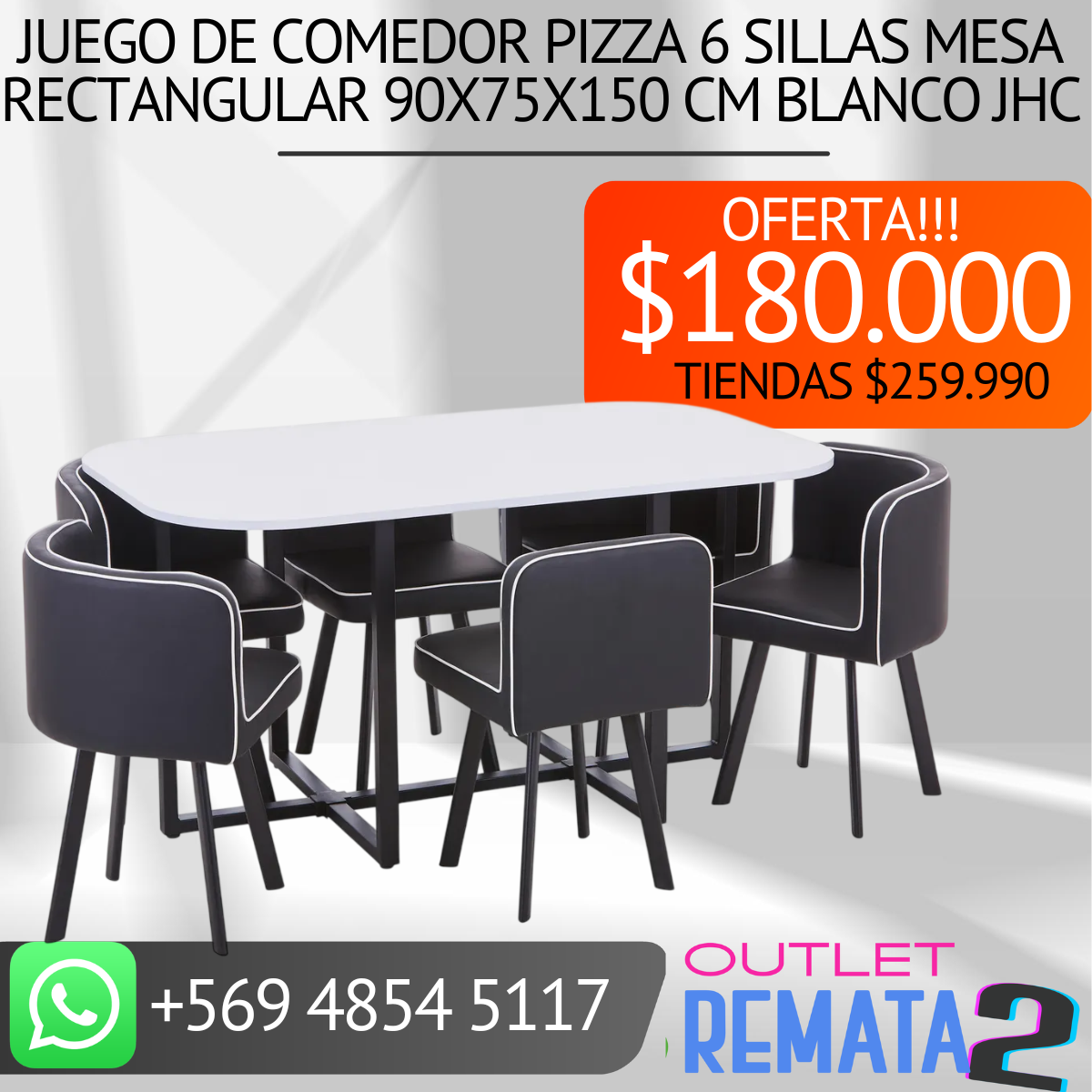 Juego de Comedor Pizza 6 Sillas Mesa Rectangular 90x75x150 cm Blanco JHC