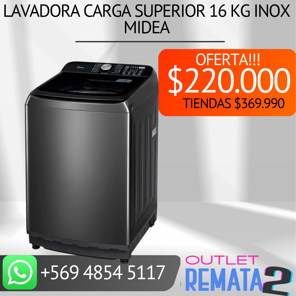 Lavadora Carga Superior 16 kg Inox MIDEA