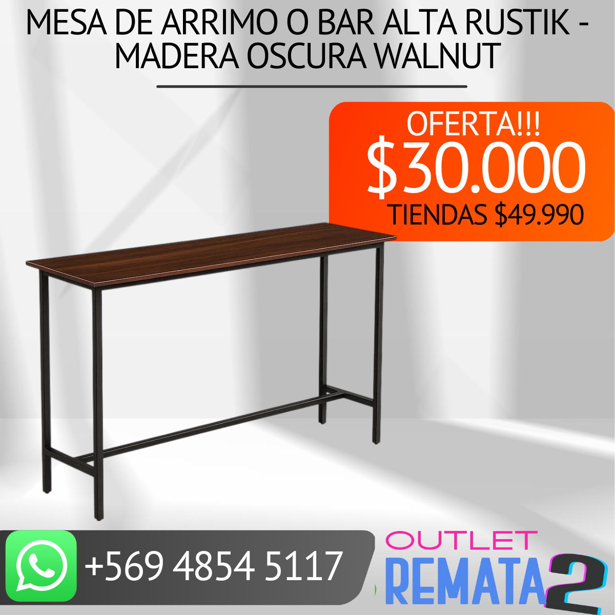 Mesa de Arrimo o Bar Alta Rustik - Madera Oscura Walnut