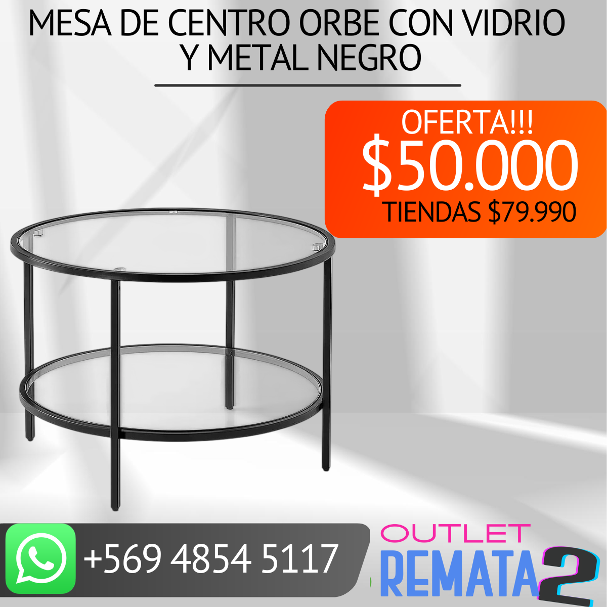 Mesa de Centro Orbe con Vidrio y Metal Negro