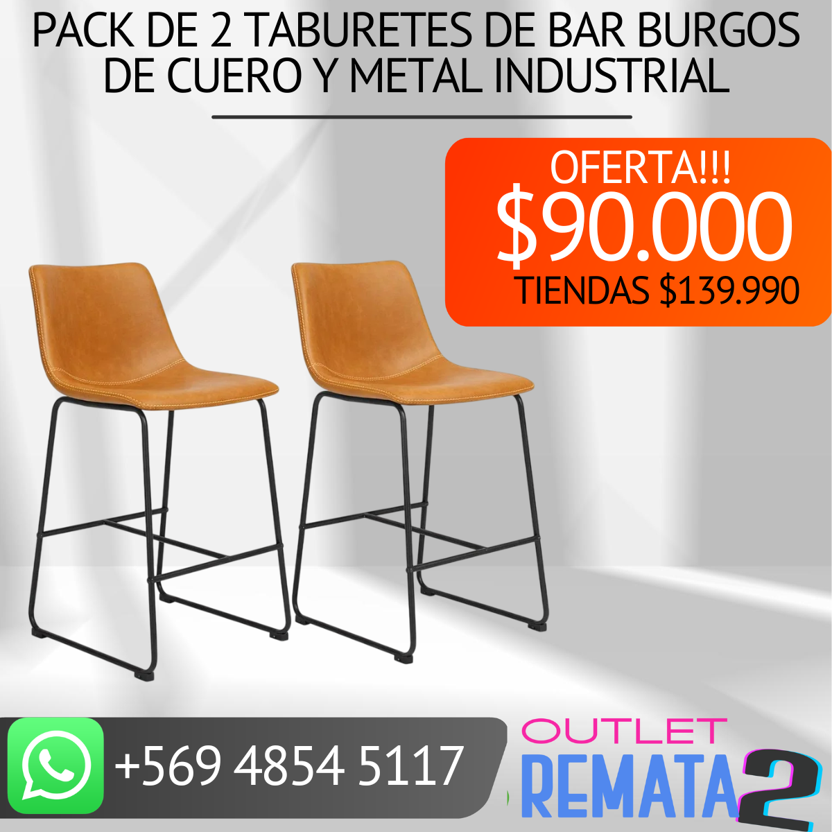 Pack de 2 Taburetes de Bar Burgos de Cuero y Metal Industrial
