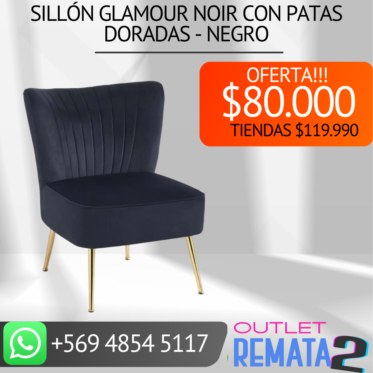Sillón Glamour Noir con Patas Doradas - Negro - copia