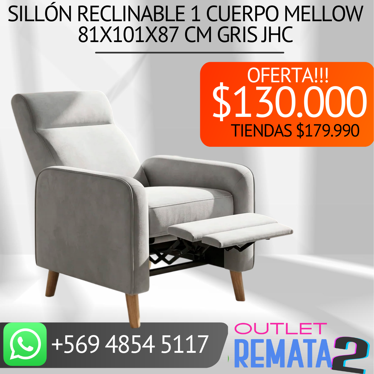 Sillón Reclinable 1 cuerpo Mellow 81x101x87 cm Gris JHC