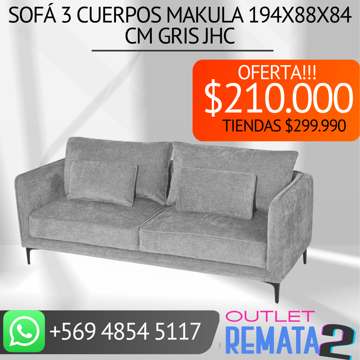 Sofá 3 cuerpos Makula 194x88x84 cm Gris JHC