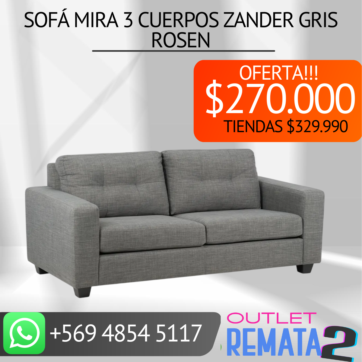 Sofá Mira 3 cuerpos zander gris Rosen