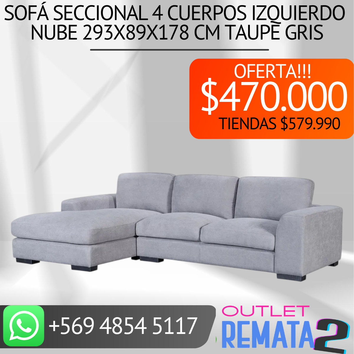 Sofá Seccional 4 Cuerpos Izquierdo Nube 293x89x178 cm Taupe gris