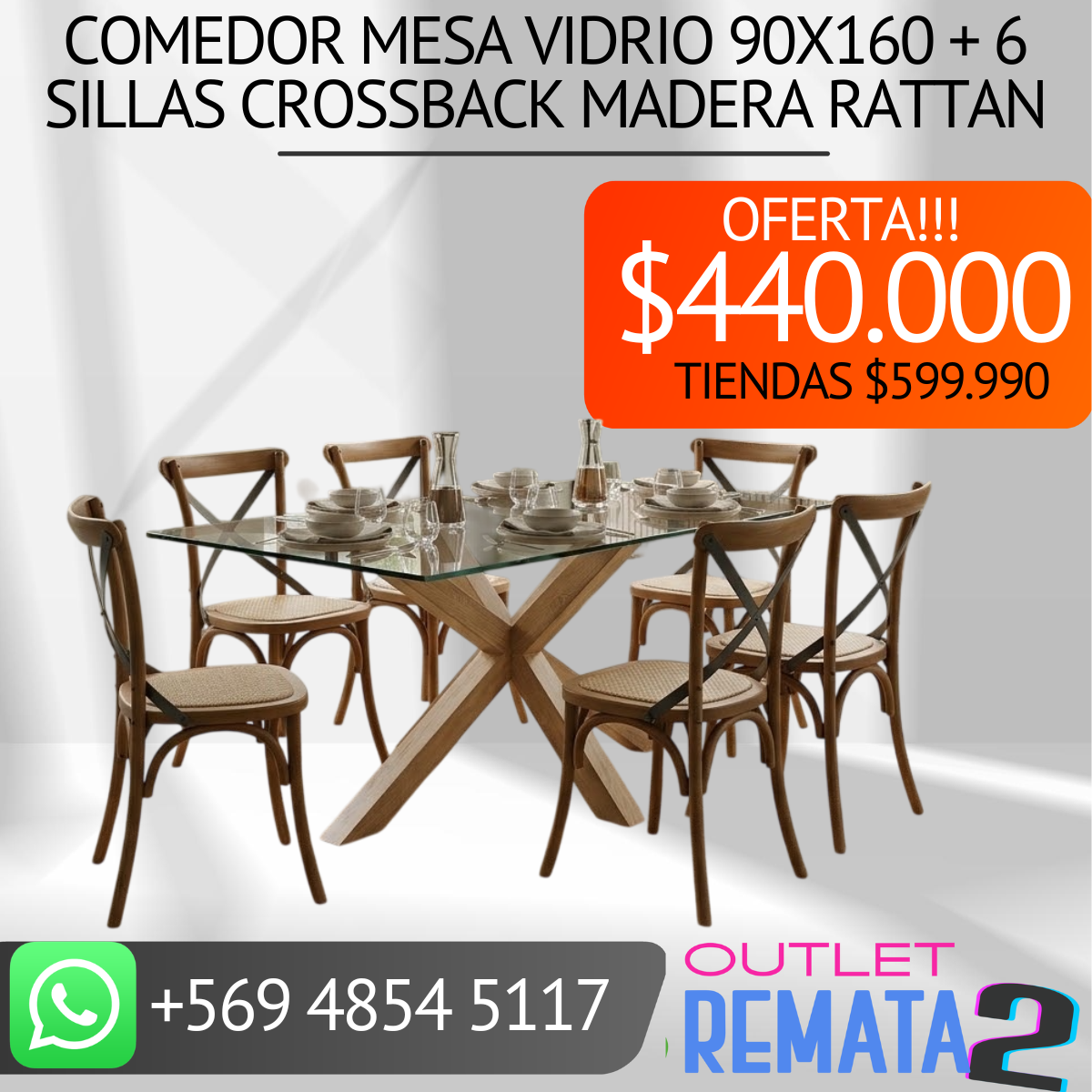 comedor mesa vidrio 90x160 + 6 SILLAS crossback madera rattan
