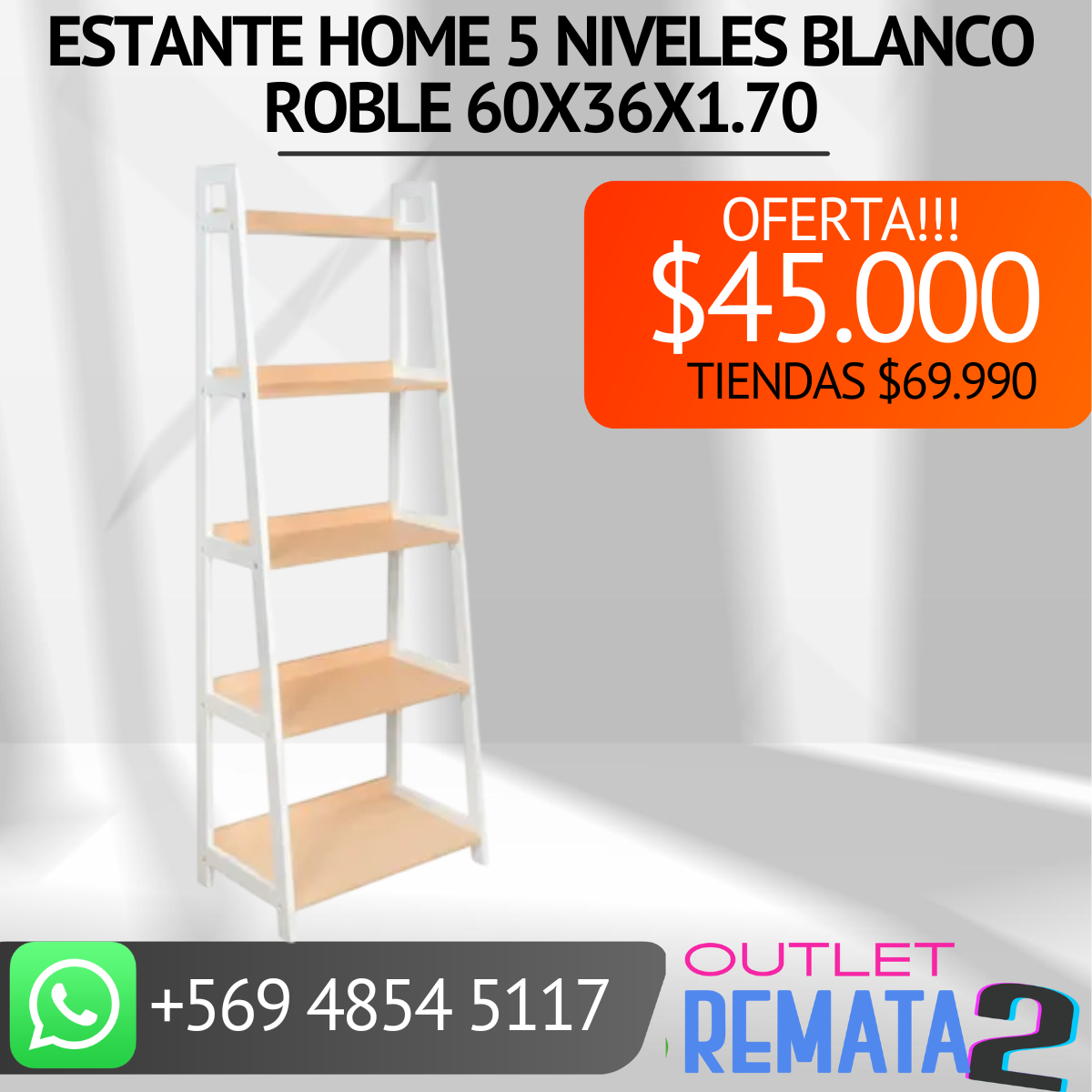 estante home 5 niveles blanco y roble 60x36x1.70
