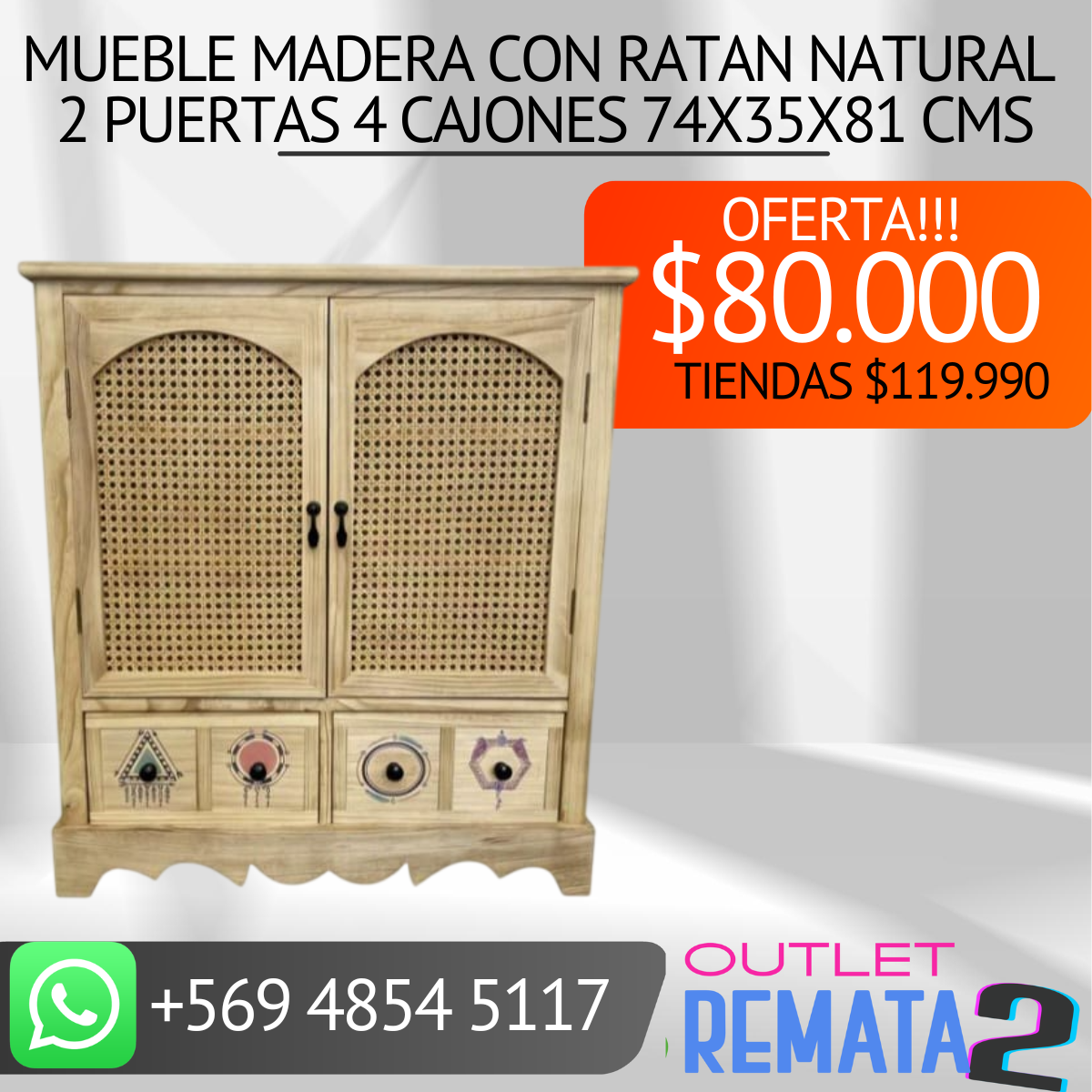 mueble de madera con ratan natural 2 puertas y 4 cajones 74x35x81 cms