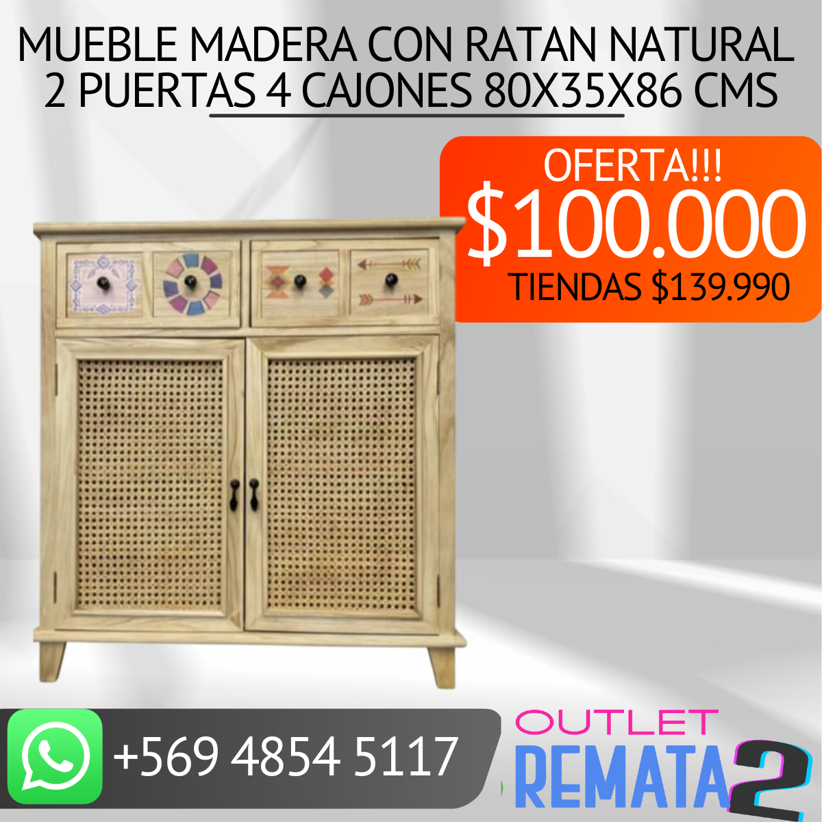 mueble madera con ratan natural 4 cajones 2 puertas 80x35x86 cms