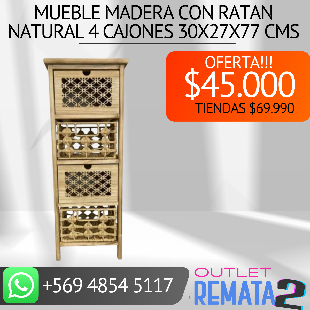 mueble madera con ratan natural 4 cajones 30x27x77 cms