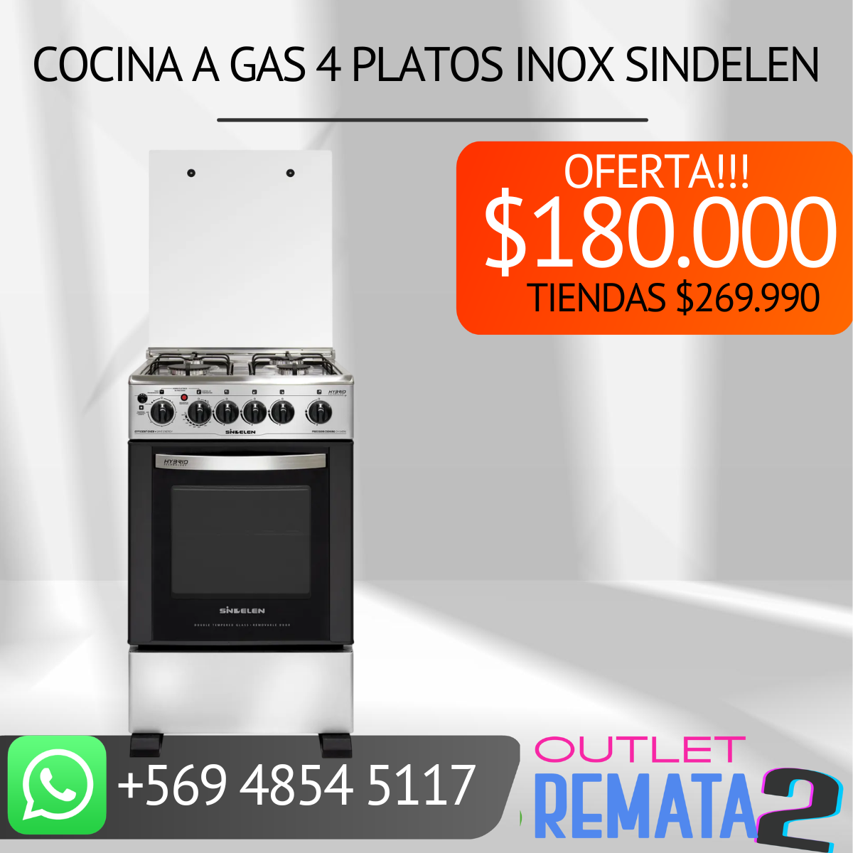 Cocina a Gas 4 Platos Inox SINDELEN