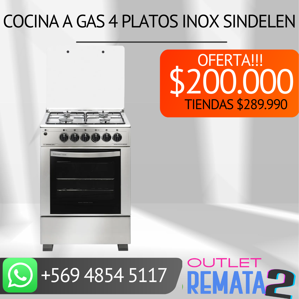 Cocina a Gas 4 Platos Inox Sindelen