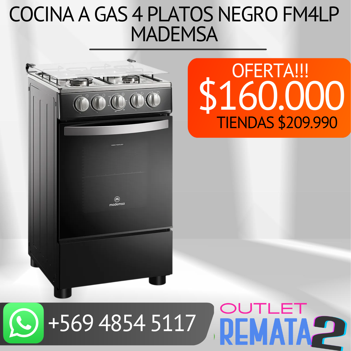 Cocina a Gas 4 Platos Negro FM4LP mademsa