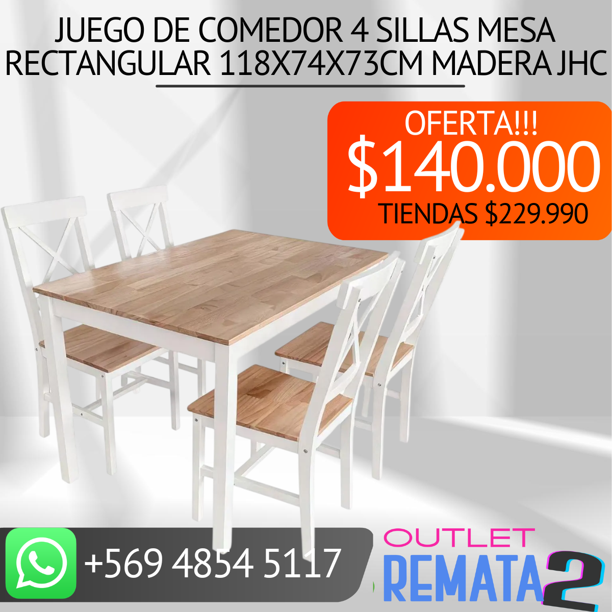 Juego de Comedor 4 Sillas Mesa Rectangular 118x74x73cm Madera JHC