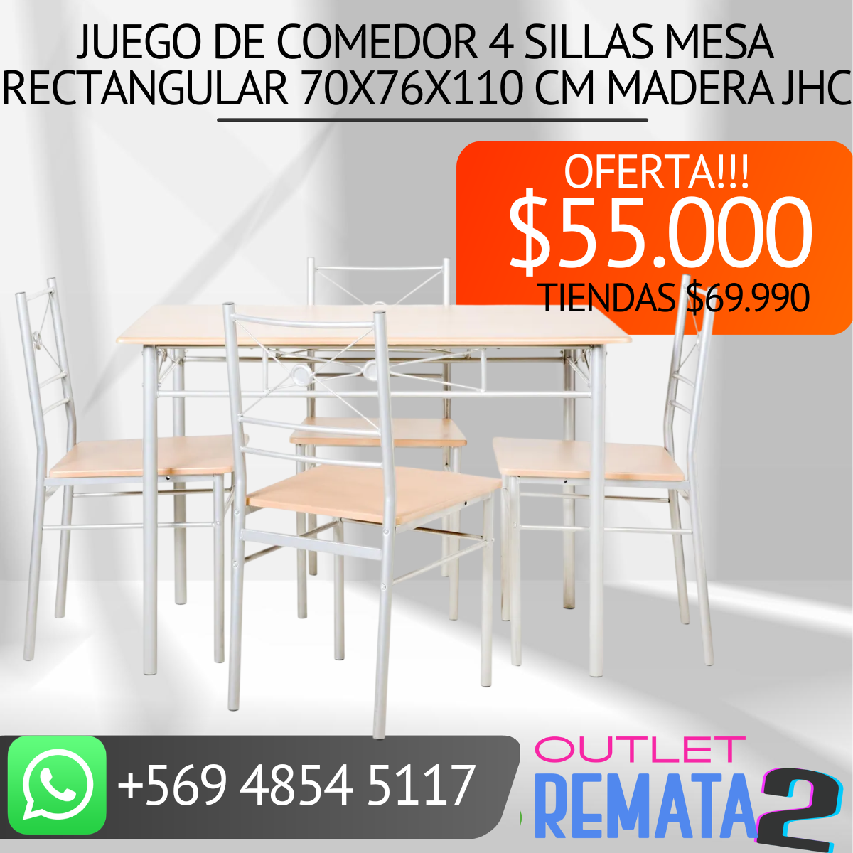 Juego de Comedor 4 Sillas Mesa Rectangular 70x76x110 cm Madera JHC