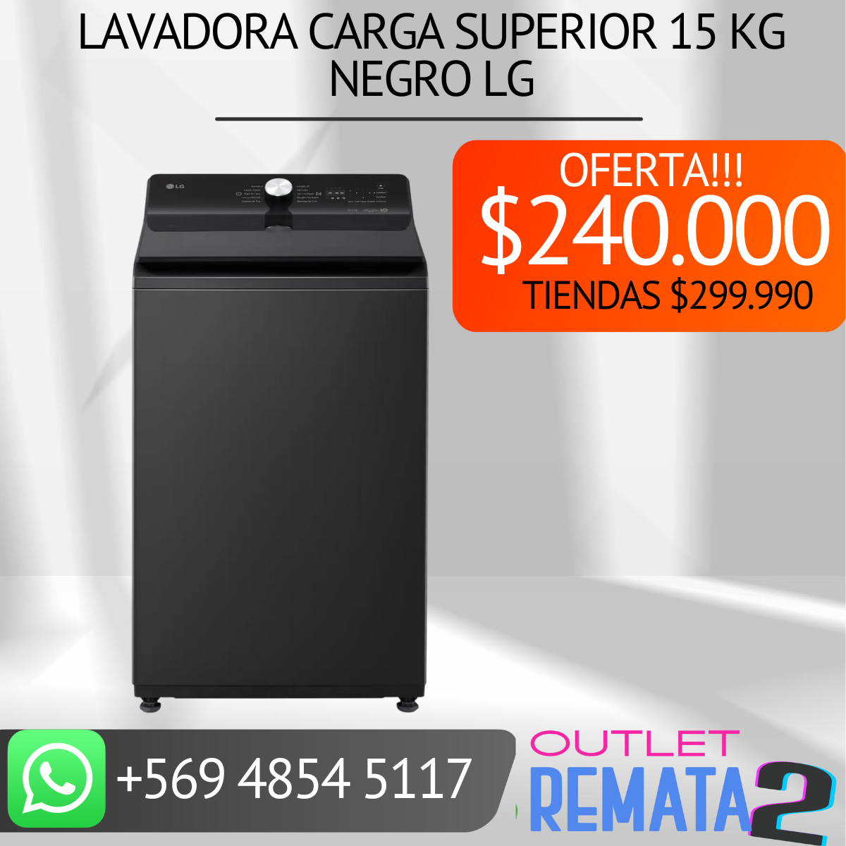Lavadora Carga Superior 15 kg Negro LG