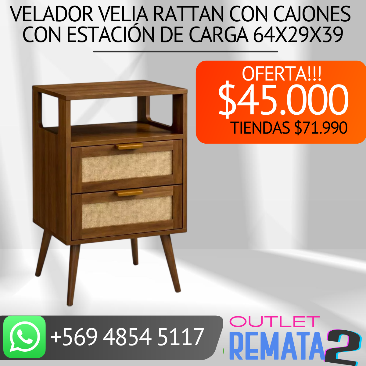 Velador Velia Rattan con Cajones y Diseño Natural