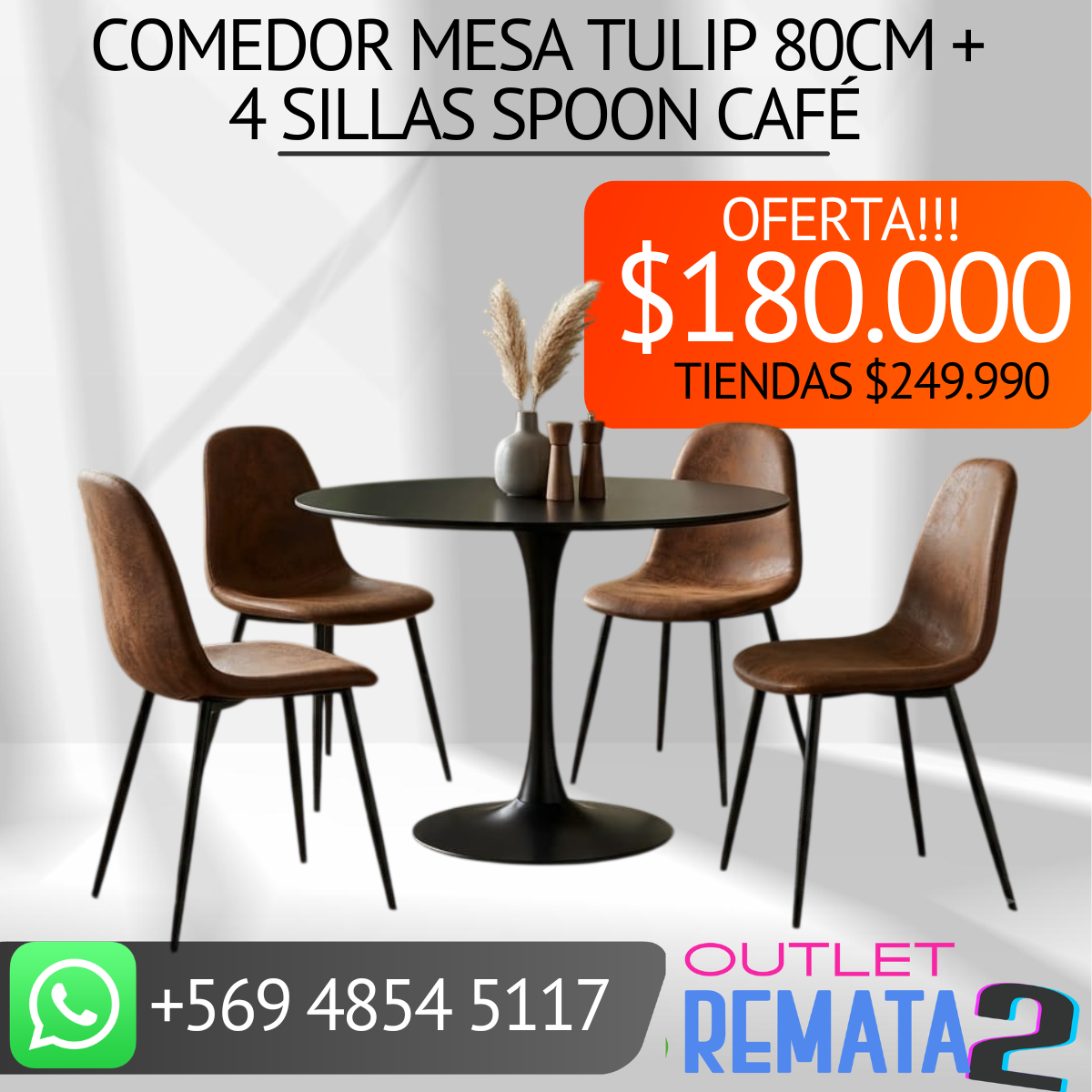 comedor mesza tulip 80cmn mas 4 sillas spoon café