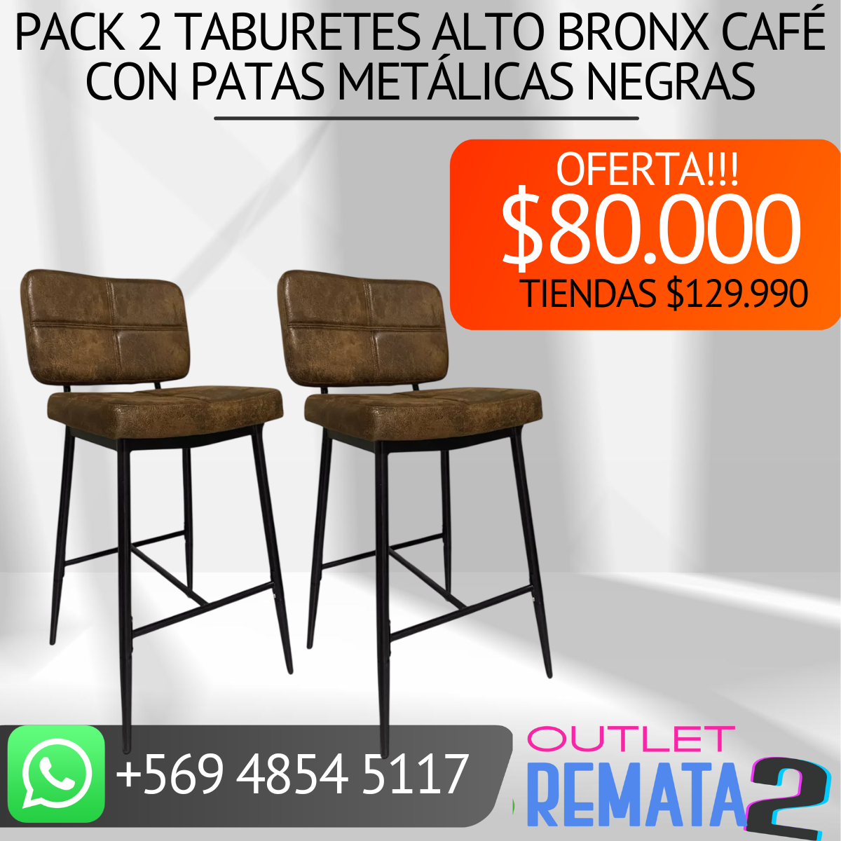 pack 2 taburetes alto bronx café con patas metálicas negras